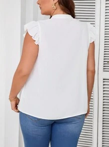 SHEIN Clasi 加大號蕾絲面板花卉刺繡網眼插入荷葉袖套頭上衣 - 白色 - 查看 4