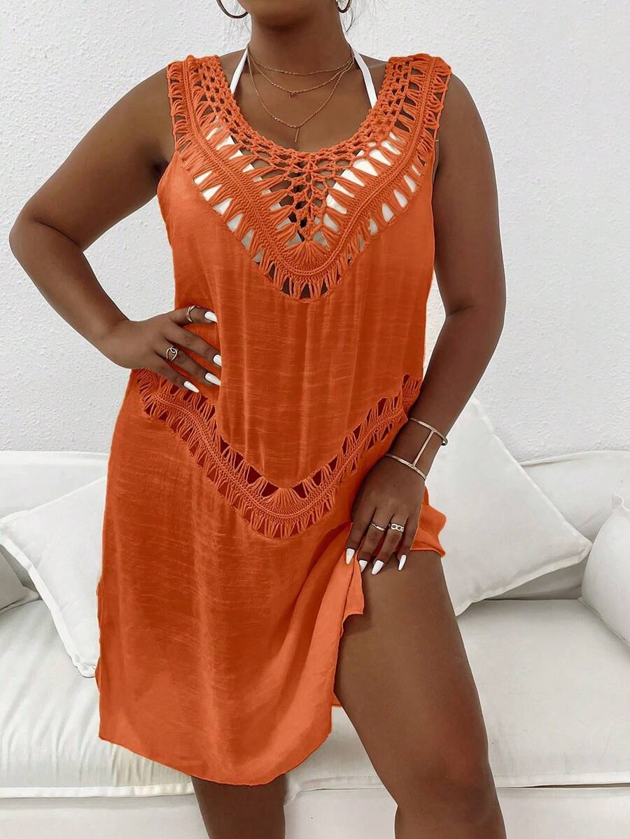 cache-maillot de plage décontractée grande taille sans manches en couleur unie avec coutures creuses - Orange - Voir 1