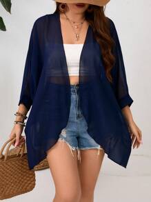 SHEIN Clasi Plus Size Plain See-Through Vacation Casual Coat - Royal Blue - View 4