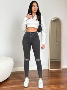 Cottnline Women'S Slim Fit Distressed Denim Jeans - Light Grey - View 3