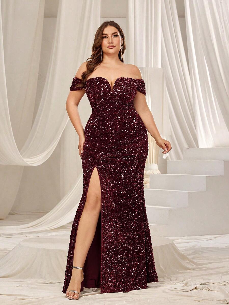 Faeriesty Curve Off-The-Shoulder Elegant Mermaid Plus Size Evening Gown With High Slit For Formal Events|Perfect For Galas, Award Ceremonies, Weddings, Charity Balls, And Red Carpet Events