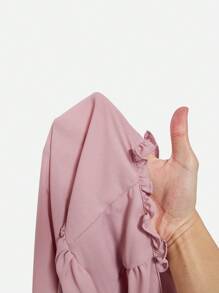 SHEIN Privé Frill Trim Button Front Puff Sleeve Blouse,Three Quarter Sleeve Tops - Dusty Pink - View 6