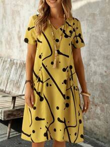 EMERY ROSE Women V-Neck Printed Dress With Pockets, Suitable For Casual Daily Spring And Summer Outfits - Yellow - View 5