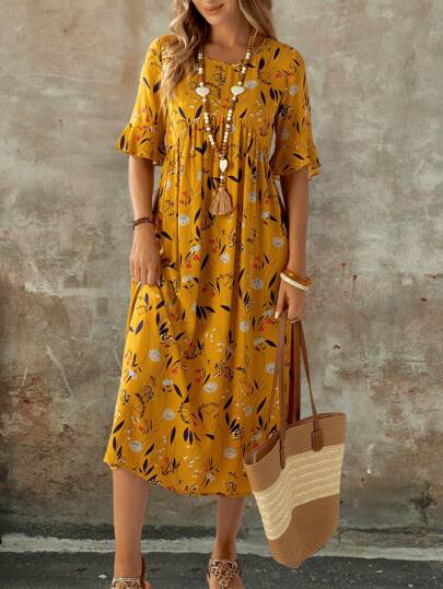 EMERY ROSE 夏季假日休閒中長款花卉印花連衣裙