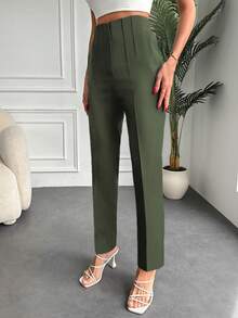SHEIN Cottnline High Waisted Solid Color Suit Pants - Olive Green - View 4