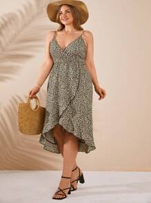 RueChic Plus Ditsy Wrap Knot Side Cami Dress - Apricot - View 4