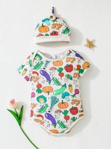 Grenouillère de printemps/été pour bébé avec motif de légumes et fruits décontracté avec chapeau, tenue quotidienne - Multicolore - Voir 1