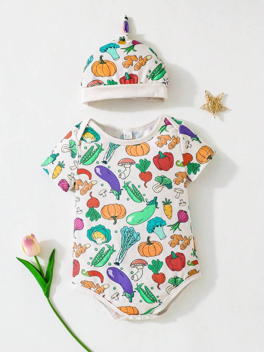 Grenouillère de printemps/été pour bébé avec motif de légumes et fruits décontracté avec chapeau, tenue quotidienne - Multicolore - Voir 1
