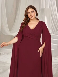 Faeriesty Plus Ruched Front Extra-Long Sleeve Chiffon Party Dress, Wedding Guest Dress - Burgundy - View 4
