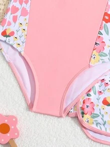 Young Girl Simple Printed One-Piece Swimsuit/Random Print/With Swim Shorts - Coral Pink - View 4