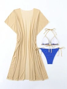 SHEIN Swim 女士色塊比基尼套裝，帶包邊，領繩，三角杯，適用於夏季海灘度假，附有遮罩衣 - 彩色 - 查看 5