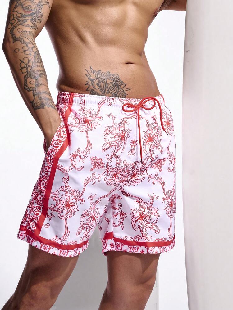 Men Floral Print Drawstring Waist Wide Leg Beach Shorts, Vacation