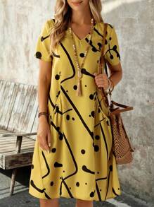 EMERY ROSE Women V-Neck Printed Dress With Pockets, Suitable For Casual Daily Spring And Summer Outfits - Yellow - View 4