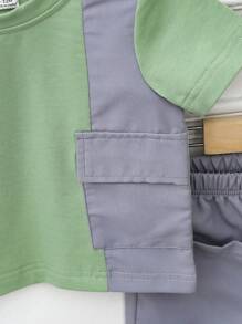 Baby Boy Summer Casual Color Block Short Sleeve Top & Solid Shorts Set - Green - View 3