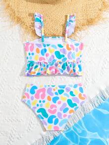 Young Girl Beach Vacation Colorful Leopard Print Tankini Bikini Set - White - View 2