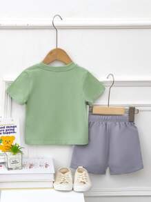 Baby Boy Summer Casual Color Block Short Sleeve Top & Solid Shorts Set - Green - View 2