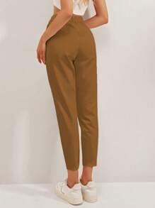 SHEIN Cottnline Solid Color Pleated Fold Over Tapered Capri Pants - Camel - View 2