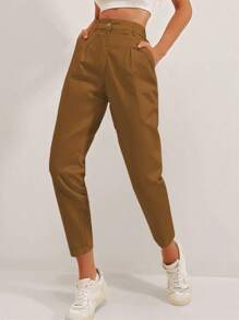 SHEIN Cottnline Solid Color Pleated Fold Over Tapered Capri Pants - Camel - View 5