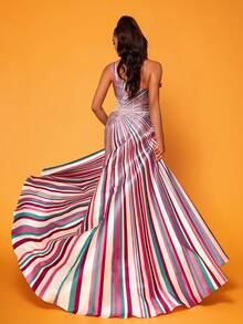 Smilprince Maxi-Length Premium Elegant Stripe Print Sleeveless Split-To-Thigh Formal Evening Dress