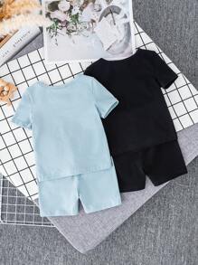 SHEIN 嬰兒男童貼身卡通動物圖案圓領長袖套頭衫和褲子套裝（4件） - 藍色 - 查看 2