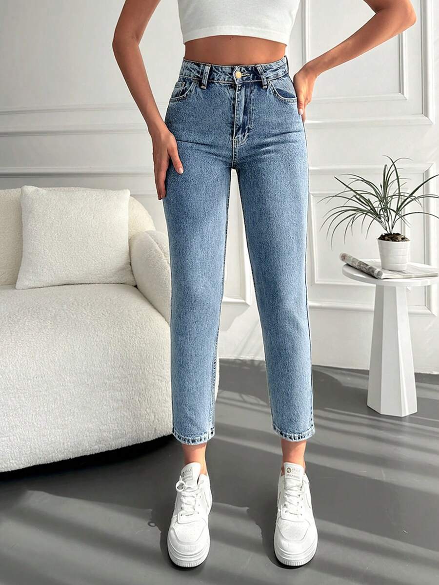 SHEIN Cottnline Black Tapered Jeans - Light Wash - View 1