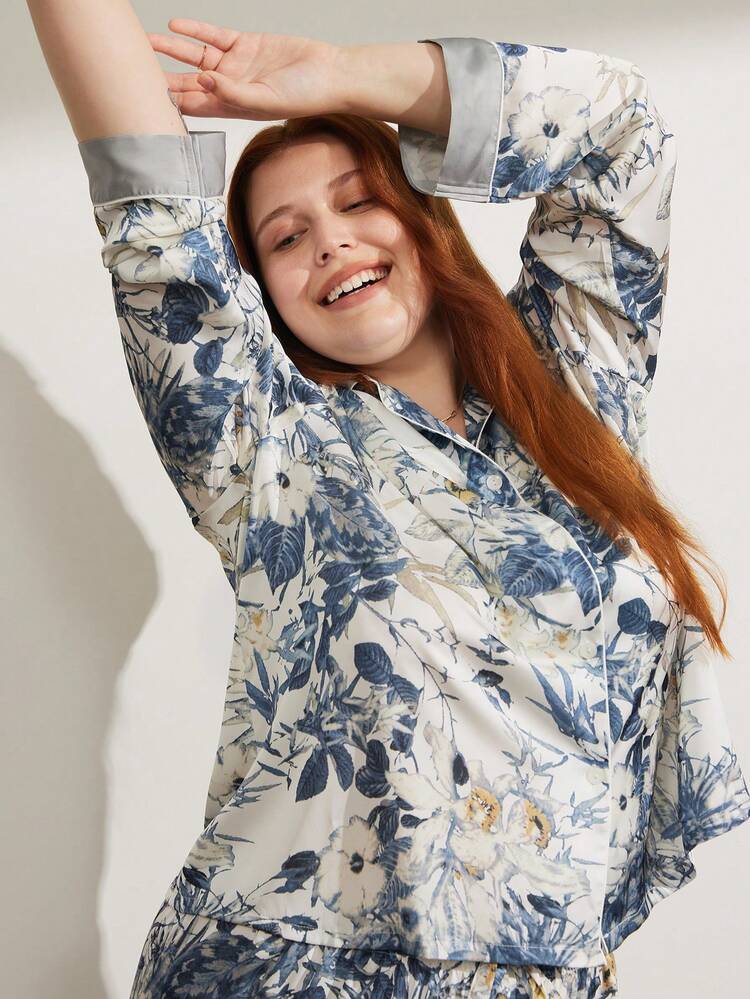 Plus Size Women Pajama Sets Art Floral Print Satin Long Pajama Set Lounge Set