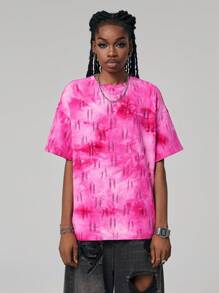 SHEIN EZwear Mulheres de Verão Camiseta Rosa Decote Solto Tingida com Amarrar e Mangas Curtas Rasgadas - Rosa - Ver 1
