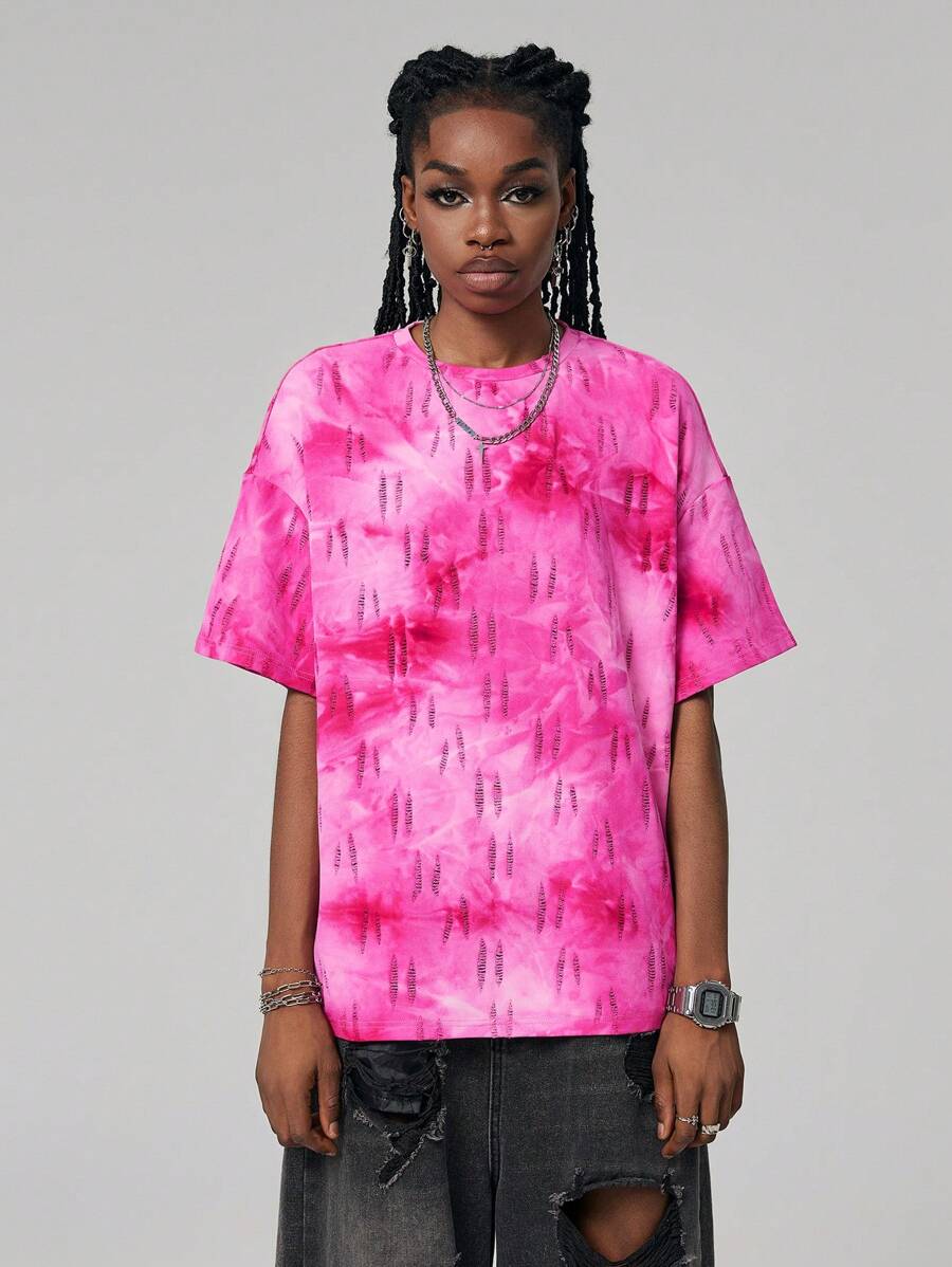 SHEIN EZwear Mulheres de Verão Camiseta Rosa Decote Solto Tingida com Amarrar e Mangas Curtas Rasgadas - Rosa - Ver 1