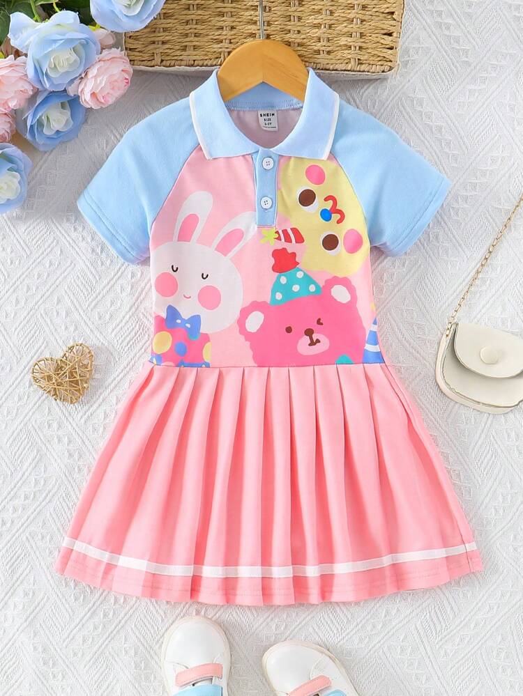 Adorable And Sweet Baby Girls' Cartoon Bear, Cat, Rabbit Printed Pink Pleated Dress