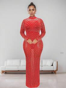 Vestido Transparente De Malla Transparente Con Adornos De Pedrería, Manga Larga Y Forro Interior, Conjunto De Dos Piezas Para Mujer - Rojo - Ver 1