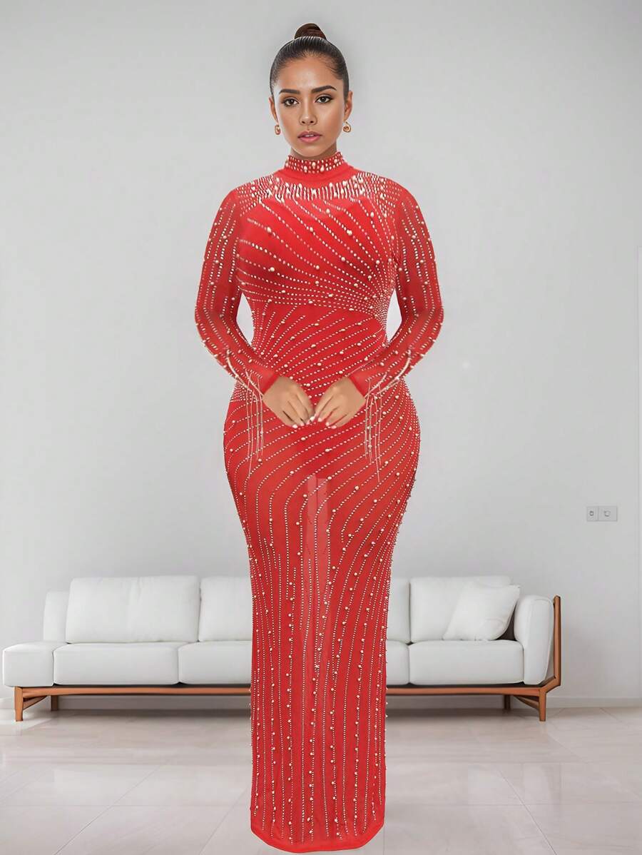 Vestido Transparente De Malla Transparente Con Adornos De Pedrería, Manga Larga Y Forro Interior, Conjunto De Dos Piezas Para Mujer - Rojo - Ver 1