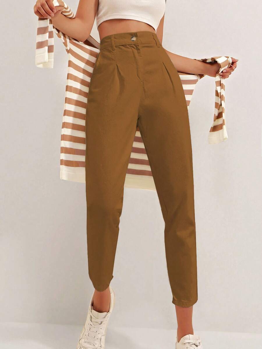 SHEIN Cottnline Solid Color Pleated Fold Over Tapered Capri Pants - Camel - View 1