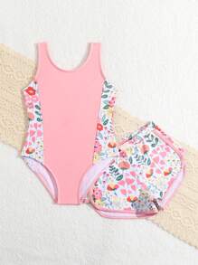 Young Girl Simple Printed One-Piece Swimsuit/Random Print/With Swim Shorts - Coral Pink - View 5