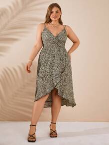 RueChic Plus Ditsy Wrap Knot Side Cami Dress - Apricot - View 5