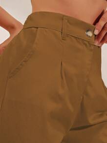 SHEIN Cottnline Solid Color Pleated Fold Over Tapered Capri Pants - Camel - View 4