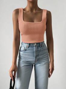 EURMUSE Solid Cable Knit Top - Coral Orange - View 6