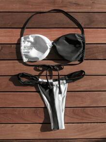 SHEIN Swim Summer Beach Black & White Bikini Set With Twist Detailing - Black and White - View 2