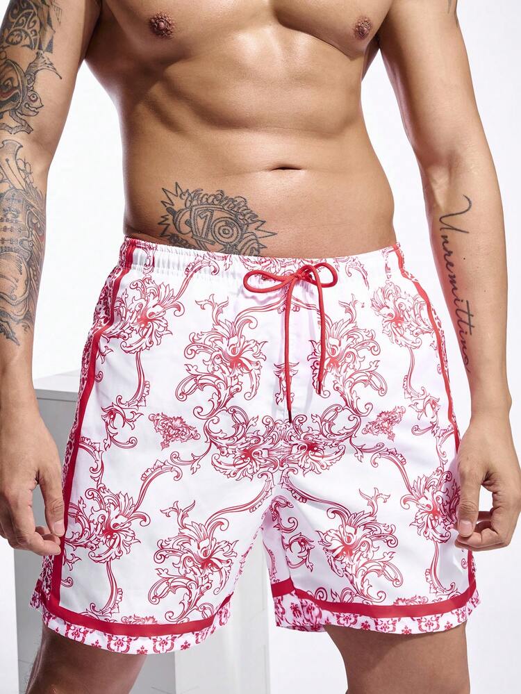 Men Floral Print Drawstring Waist Wide Leg Beach Shorts, Vacation