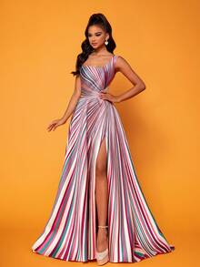 Smilprince Maxi-Length Premium Elegant Stripe Print Sleeveless Split-To-Thigh Formal Evening Dress