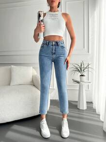 SHEIN Cottnline Black Tapered Jeans - Light Wash - View 5