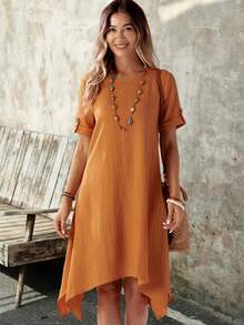 EMERY ROSE Women Simple Solid Color Round Neck Short Sleeve Dress - Yellow - View 4