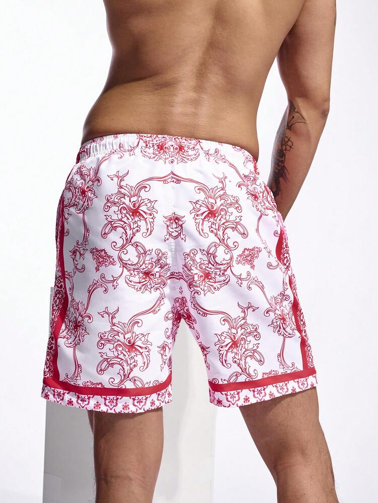 Men Floral Print Drawstring Waist Wide Leg Beach Shorts, Vacation