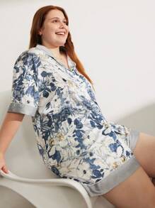 LUVLETTE Bộ đồ ngủ cỡ lớn dành cho nữ họa tiết hoa nghệ thuật bằng vải satin - Nhiều màu - Xem 5