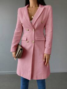 RueChic Lapel Collar Double Breasted Overcoat - Pink - View 7