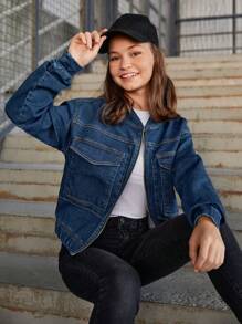 RueChic Tween Girl Denim Jacket With Flap Pockets - Blue - View 3