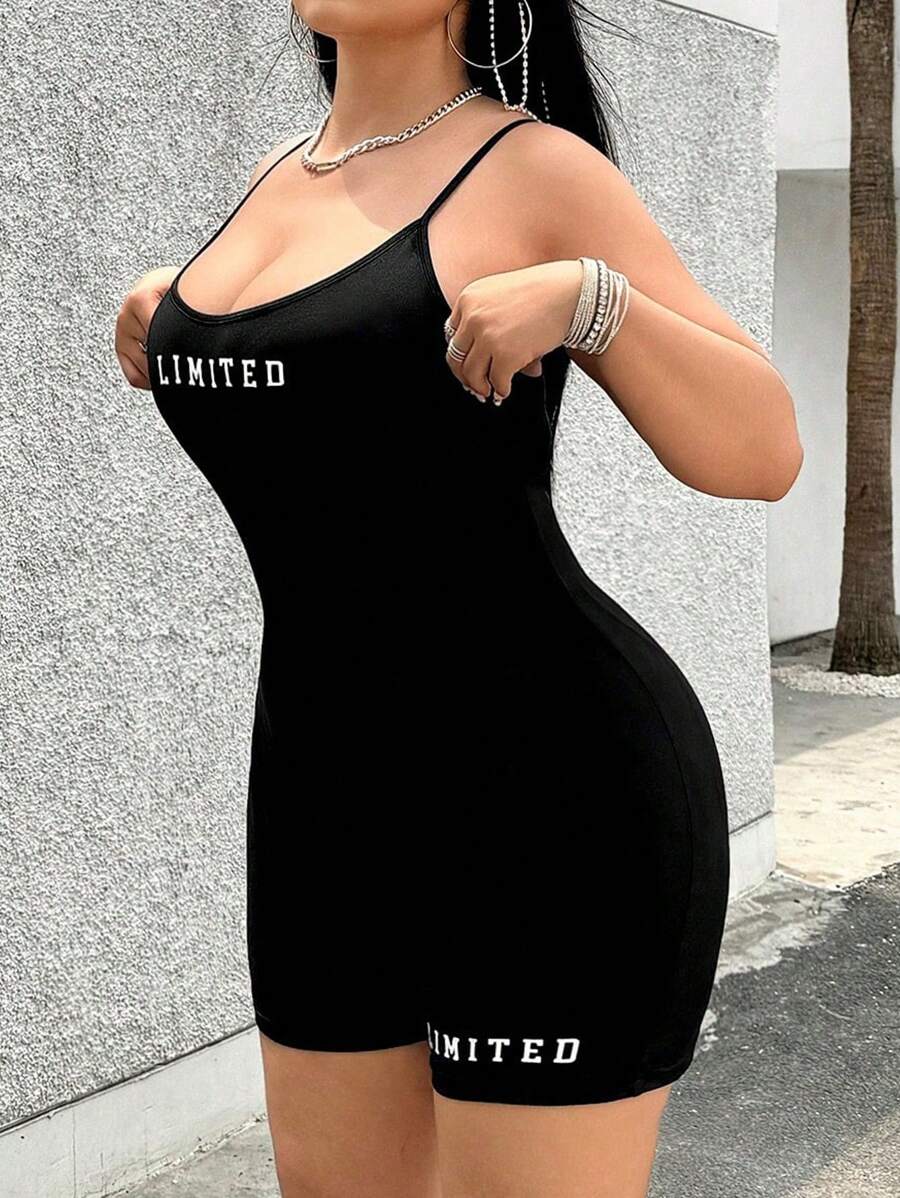 SHEIN ICON 大码细肩带字母印花连体衣,适合夏季 - 黑色 - 查看 1
