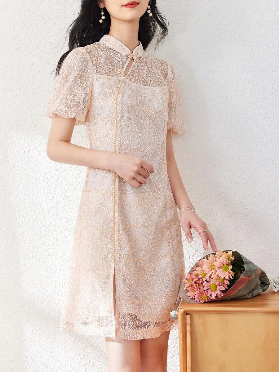 Elegant Summer Cheongsam Dress With Improved Lantern Sleeves And Chinese Style Buttoned Collar, Ladies Lace Qipao Dress - Orange - View 1