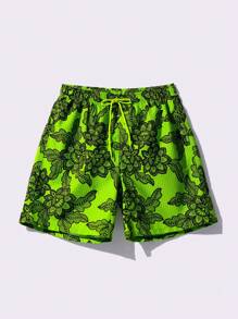 Manfinity KASUA Men Floral Print Drawstring Wide Leg Beach Shorts For Vacation - Green - View 1
