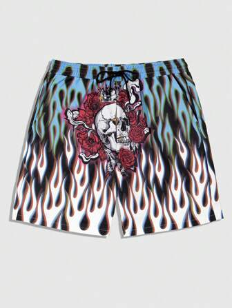 Grunge Punk Shorts pour homme avec taille à cordon imprimé de crâne enflammé et de fleurs pour l'été