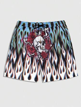 Grunge Punk Men's Flame Skull & Floral Printed Drawstring Waist Shorts For Summer